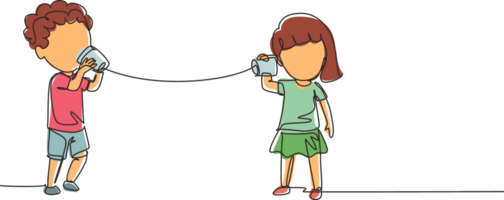 Continuous one line drawing boy and girl play toy phone. Two friends playing in phone with self made speech transmitting device, kids have fun speaking. Single line design graphic illustration png