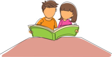 continu un ligne dessin enfants, garçon et les filles en train de lire livre sur table ensemble. ouvert esprit avec lis livre. la source de connaissance. intelligent étudiant. Célibataire ligne dessiner conception graphique illustration png