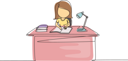 Continuous one line drawing girl studying on table with study lamp and pile of books. Kid makes homework from school. Intelligent student concept. Single line draw design graphic illustration png