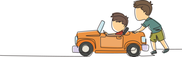 continu un ligne dessin une garçon est pousser le sien amis voiture dans le route. des gamins jouer avec gros jouet voiture ensemble. enfant de mêmes parents ayant amusement avec à cour. Célibataire ligne dessiner conception graphique illustration png