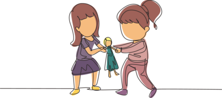 Single one line drawing two little girls fighting over a princess doll. Conflict between children. Kids sibling fighting in playroom because of toy. Modern continuous line draw design graphic png