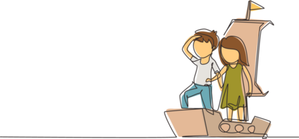 Single continuous line drawing little boy and girl playing sailor with boat made of cardboard box. Creative kids character playing ship made of cardboard boxes. One line draw graphic design png