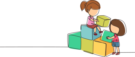 Continuous one line drawing two little girls playing blocks cube toys together. Educational toys. Children playing designer cubes, developmental constructor. Single line draw design graphic png