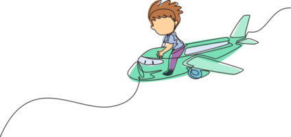 Single continuous line drawing cute little boy riding plane. Happy kids on airplane. Children riding airplane, summer journey, travel concept. Dynamic one line draw graphic design illustration png