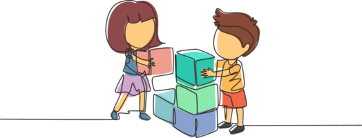 Single one line drawing little boy and girl playing blocks cube toys together. Kids play with toys brick. Educational toys. Children playing block cubes. Continuous line draw design graphic vector png