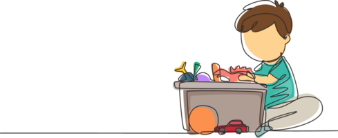 solteiro contínuo linha desenhando pequeno Garoto colocando dele brinquedos para dentro caixa. crianças fazendo tarefas domésticas tarefas às casa conceito. sorridente criança armazenando dele brinquedos dentro a caixa. dinâmico 1 linha desenhar gráfico Projeto png