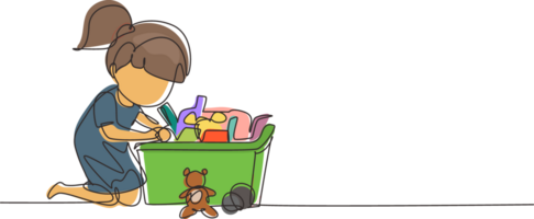 Continuous one line drawing little girl putting her toys into box. Kids doing housework chores at home concept. Smiling child storing her toys in box. Single line design graphic illustration png