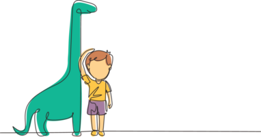 Single continuous line drawing little boy measuring his height with brontosaurus height chart on wall. Kid measures growth. Child measuring height. One line draw graphic design illustration png