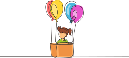 Single kontinuierlich Linie Zeichnung süß Mädchen Sitzung im Karton Box mit Luftballons. wenig Pilot von heiß Luft Ballon. kreativ Kind Charakter spielen heiß Luft Ballon. einer Linie zeichnen Grafik Design png