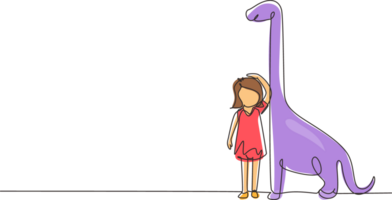 Single one line drawing little girl measuring her height with brontosaurus height chart on wall. Kid measures growth. Child measuring height. Continuous line draw design graphic illustration png