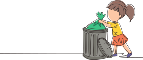 Single continuous line drawing little girl taking out the trash. Kids doing housework chores at home concept. Ecology themed. Eco education. Kid activities. Dynamic one line draw graphic design png