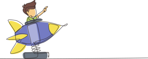 Continuous one line drawing little boy riding in toy rocket. Kid driving spaceship in amusement park. Child in rocket riding cosmic ship. Playground for preschoolers. Single line draw design png