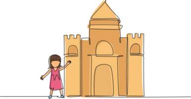 Continuous one line drawing cheerful girl playing in castle made of cardboard boxes. Happy little medieval princess. Creative kid playing castle. Single line draw design graphic illustration png