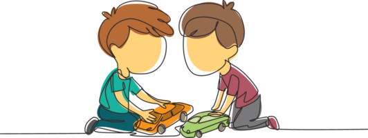 Single one line drawing two cute boys playing with their toys cars. Boy shows his toy cars to his friend. Happy kids playing together. Modern continuous line draw design graphic illustration png