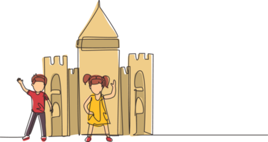 Single one line drawing kids with cardboard castle for school play. Cheerful children playing in castle made of cardboard boxes. Creative kid playing castle. Continuous line draw design graphic png