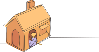 Single continuous line drawing cute little girl playing in house made of cardboard boxes. Creative child sitting in playhouse. Leisure time. Dynamic one line draw graphic design illustration png