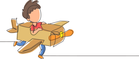 Single one line drawing creative boy playing as pilot with cardboard airplane. Happy kids riding cardboard handmade airplane. Plane game. Modern continuous line draw design graphic illustration png