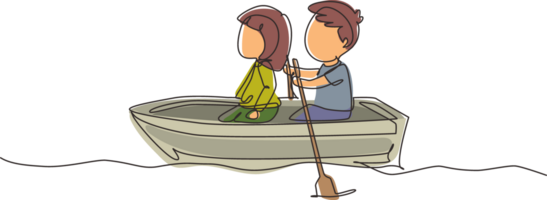 Single kontinuierlich Linie Zeichnung wenig Junge und Mädchen Reiten auf Boot zusammen. Kinder Reiten auf hölzern Boot beim Fluss. Kinder Rudern Boot auf See. glücklich Kinder Paddel Boot. einer Linie Grafik Design png