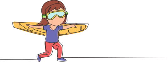 Continuous one line drawing happy kid girl play toy plane cardboard. Children playing toy plane cardboard, little cute kid in an astronaut costume. Single line draw design graphic illustration png