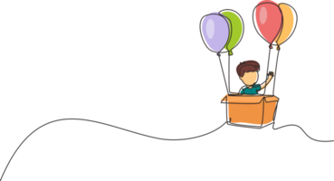 Célibataire un ligne dessin mignonne garçon séance dans papier carton boîte avec des ballons. peu pilote de chaud air ballon. Créatif enfant personnage en jouant chaud air ballon. continu ligne dessiner conception graphique png