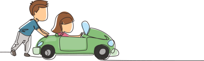 doorlopend een lijn tekening een jongen is voortvarend zijn vrienden auto in de weg. jongen en meisje Speel met groot speelgoed- auto samen. kinderen hebben pret met Bij achtertuin. single lijn ontwerp grafisch illustratie png