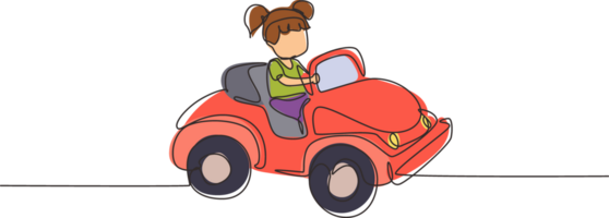 Single continuous line drawing girl driving car, happy cute child. Little girl smiling happy driving toy car. Children's trip in small car. Dynamic one line draw graphic design illustration png