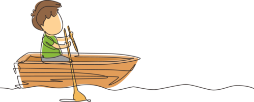 Single continuous line drawing cute little boy riding on boat at river. Kids riding on wooden boat. Kids rowing boat on lake. Happy children paddle boat. Dynamic one line draw graphic design png