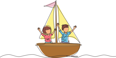 doorlopend een lijn tekening glimlachen jongen en meisje in zeilboot samen. gelukkig kinderen het zeilen boten. schattig kinderen Aan boot. blij avonturen en reizen. single lijn ontwerp grafisch illustratie png