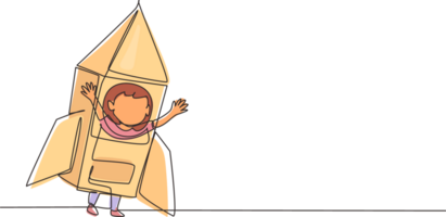 Single continuous line drawing cute creative little boy playing as astronaut. Happy and lovely kid in rocket costume made of cardboard boxes. Dynamic one line draw graphic design illustration png