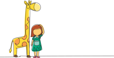 contínuo 1 linha desenhando pequeno menina medindo dela altura com girafa altura gráfico em muro. criança medidas crescimento. criança medindo altura conceito. solteiro linha desenhar Projeto gráfico ilustração png