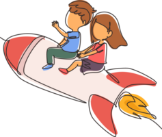 Continuous one line drawing happy boy and girl sitting on flying rocket. Preschool kids. Children sitting on rocket. Back to school. Educational. Single line draw design graphic illustration png