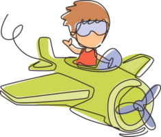 fortlaufende einzeilige zeichnung kleiner junge, der flugzeug betreibt. Kinder fliegen im Flugzeug. Fröhliches lächelndes Kind, das Flugzeug wie ein echter Pilot fliegt und vom Pilotenberuf träumt. einzeiliger Entwurfsvektor png