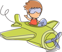 plano de operación de niño pequeño de dibujo continuo de una línea. niños volando en avión. niño feliz y sonriente volando en avión como piloto real y soñando con la profesión de piloto. vector de diseño de dibujo de una sola línea png