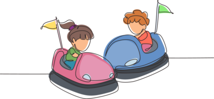 Single continuous line drawing children driving bumper car. Happy smiling boy and girl on bumper auto wheel attraction at amusement park. Enjoyment family time. One line draw graphic design png