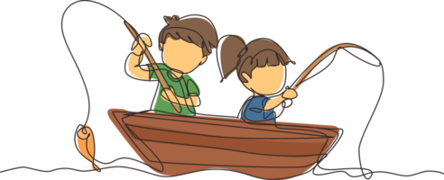 Célibataire un ligne dessin souriant peu garçons et les filles pêche ensemble sur bateau. content les enfants pêche sur bateau en dehors dans le mer. pêcheur enfants. continu ligne dessiner conception graphique illustration png