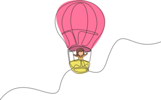 Single continuous line drawing little girl aeronaut in hot-air balloon at sky. Happy kid riding hot air balloon. Children on hot air balloon adventure. One line draw graphic design illustration png