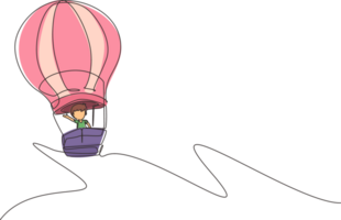 Single one line drawing little boy aeronaut in hot-air balloon at sky. Happy kids riding hot air balloon. Children on hot air balloon adventure. Continuous line draw design graphic illustration png