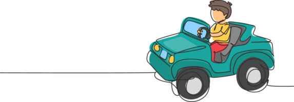 Single one line drawing boy driving car, happy cute child. Cute little boy smiling happy driving toy car. Children's trip in small car. Modern continuous line draw design graphic illustration png