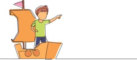 Single continuous line drawing little boy playing sailor with boat made of cardboard box. Creative kid character playing ship made of cardboard boxes. One line draw graphic design illustration png