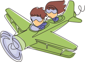 Continuous one line drawing little boy operating plane and a girl as passengers. Kids flying in airplane. Happy smiling kid flying plane like real pilot. Single line design graphic illustration png