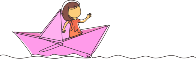 Single continuous line drawing cute smiling little girl sailing on paper boat. Happy smiling kid having fun and playing sailor in imaginary world. One line draw graphic design illustration png