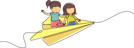 Continuous one line drawing Happy two little girls flying on paper plane. Kids flying on paper airplane together. Children back to school concept. Single line draw design graphic illustration png