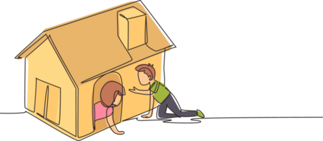 Continuous one line drawing kids playing cardboard box toy house together. Boy and girl playing in and out of toy home. Child sitting in playhouse. Single line draw design graphic illustration png