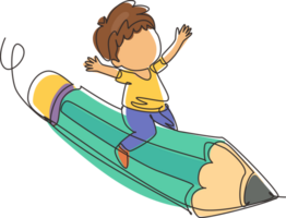 Single one line drawing happy boy sitting on flying pencil, get ready for studying. Kids riding on stationary. Back to school or creative thinking concept. Modern continuous line draw design graphic png