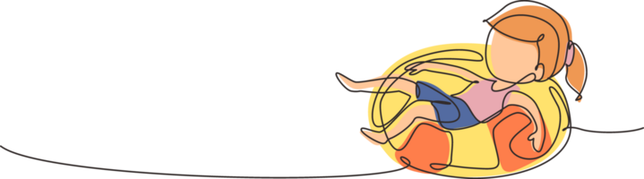 Continuous one line drawing little girl floating with lifebuoy with happy and relax poses wearing beach and swimming attires. Kids feeling happy while using tire buoy. Single line draw design png