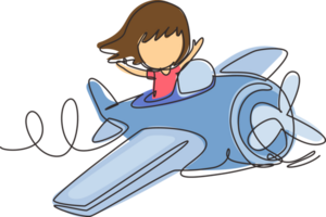 Single one line drawing little girl operating plane. Kids flying in airplane. Happy smiling kid flying plane like real pilot and dreaming of piloting profession. Continuous line draw design graphic png