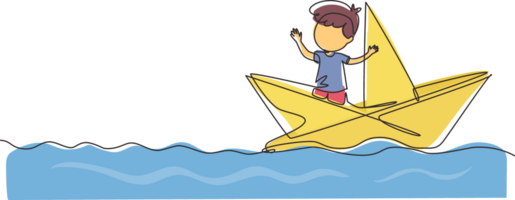 continu un ligne dessin mignonne souriant peu garçon voile sur papier bateau. content souriant enfant ayant amusement et en jouant marin dans imaginaire monde. Célibataire ligne dessiner conception graphique illustration png