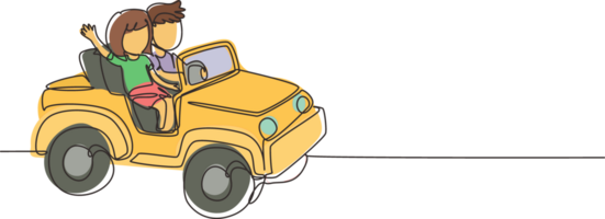 doorlopend een lijn tekening kinderen het rijden speelgoed- auto met een weinig jongen en meisje lachend, hebben pret terwijl het rijden speelgoed- auto. kinderen reis in klein auto. single lijn trek ontwerp grafisch illustratie png