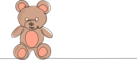 Single continuous line drawing lovely teddy bear toy. Nice and cute teddy bear plush toy. Stuffed teddy bear sitting on floor. Little teddy bear character. Dynamic one line draw graphic design vector png