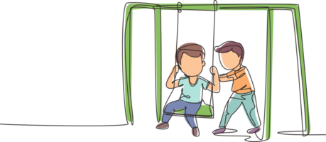 Single continuous line drawing cute little boy swinging on swing and his friend helped push from behind. Happy preschool kids friends playing together outside. Dynamic one line graphic design png